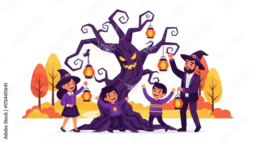 Naklejka premium Spooky Halloween Decoration: A festive cartoon illustration depicts a family gathering to decorate a tree with lanterns for Halloween celebration in autumnal forest, filled with spookiness and fun.
