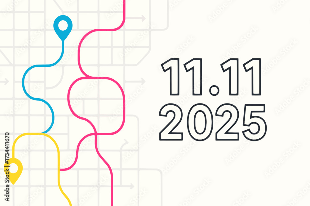 Abstract delivery map with route pins forming “11.11 2025” — logistics vector for Singles’ Day e-commerce, CMYK/EPS/SVG