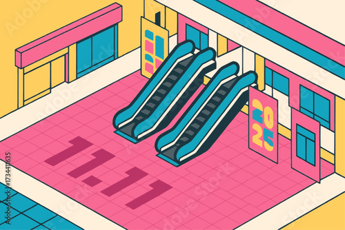 Isometric mall atrium forming “11.11 2025” with escalators and glass roof — clean Singles’ Day vector background, CMYK/EPS/SVG, brand-safe