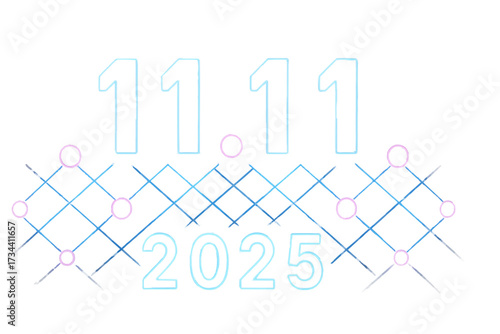 Neon lattice grid with glowing spheres hinting “11.11 2025” — tech Singles’ Day countdown vector header, CMYK/EPS/SVG