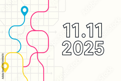 Abstract delivery map with route pins forming “11.11 2025” — logistics vector for Singles’ Day e-commerce, CMYK/EPS/SVG