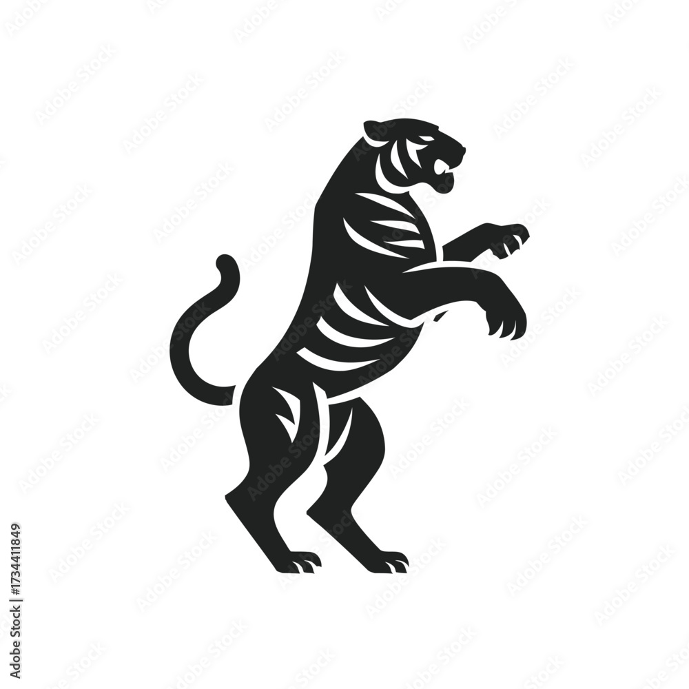 Obraz premium Silhouette illustration of a stylized tiger standing upright, facing left, and roaring