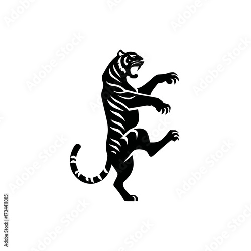 Black silhouette of an upright tiger, roaring with stripes and extended claws
