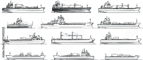 Collection of various ship illustrations depicting different types and styles of vessels..