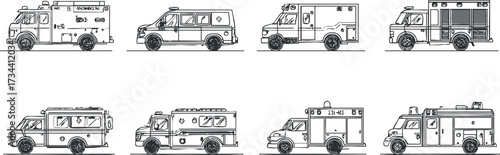 Illustration of various ambulance designs showcasing emergency medical service vehicles in line art style..