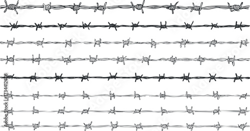 A collection of black and white barbed wire designs suitable for various artistic and design applications..