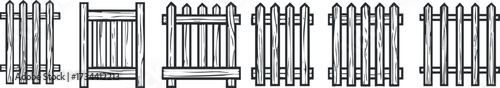 A collection of various wooden fence designs in a simple line art style..