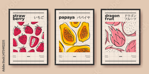 Abstract fruit posters set for creative interior design. Flat vector illustration of strawberry, papaya, dragon fruit pattern, vintage style banners, modern floral aesthetic, trendy cards collection