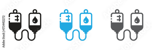 Three color variations of IV drip bags ready to use for medical illustrations and hospital designs. Use for medical illustrations and hospital designs.