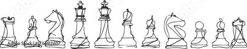 Outline illustration of chess pieces arranged on a board depicting strategy and competition..