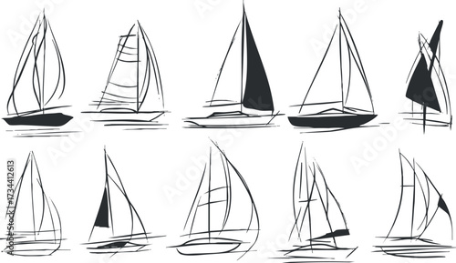 Stylized black and white illustration of various sailboats on water showcasing movement and design..