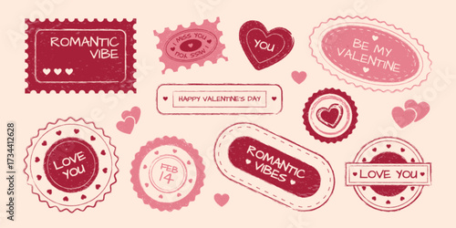 Vintage love stamps set isolated on background. Vector illustration of retro red and pink postage stickers for old Valentine Day, marriage anniversary or wedding card, romantic mail symbols design