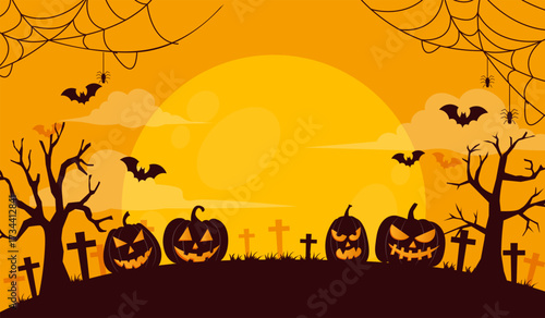 happy halloween october with ghost ,pumpkins, bat, and tree on cloud and moon background. halloween poster copy space. vector illustration flat design