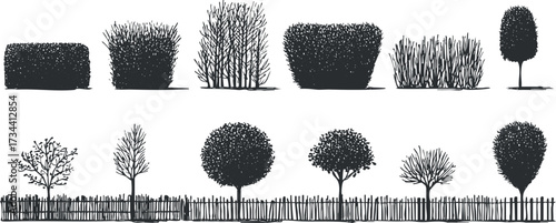 A collection of various tree and bush silhouettes for landscape and gardening illustrations..