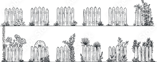 Illustration of various wooden fences adorned with different types of plants and flowers..
