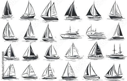 A collection of hand-drawn illustrations of various sailboats and yachts on the water..