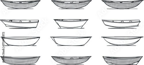 A collection of boat sketches showcasing various styles and designs in minimalist line art..