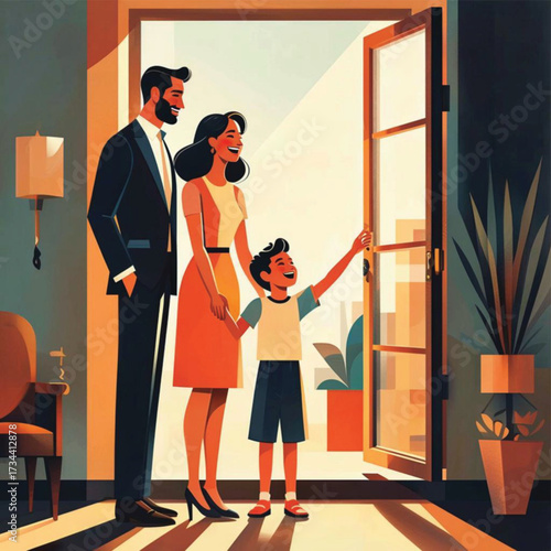 Family standing together at open door with bright sunlight streaming in  