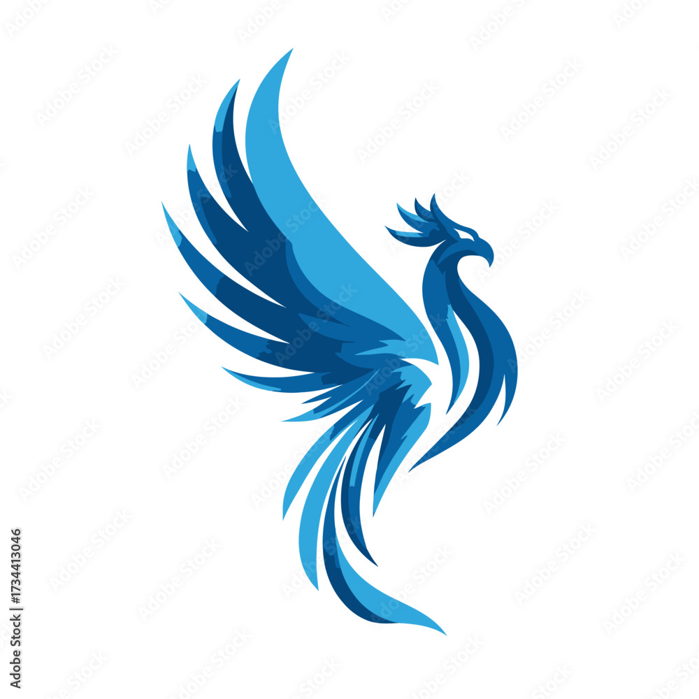 Fototapeta premium Stylized, blue bird with flowing lines against a white background
