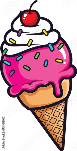 Delicious pink ice cream cone with cherry for summer treat cravings