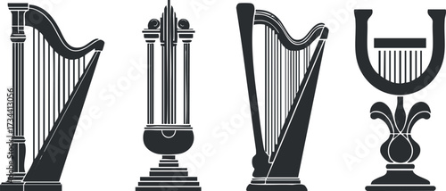 A collection of four distinct harp silhouettes showcasing different designs and styles..