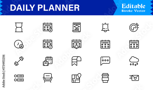 Daily Planner and Productivity Line Icon Set Modern Minimal Outline Symbols for Schedule, Task, and Time Management