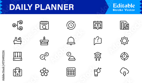 Daily Planner and Productivity Line Icon Set Modern Minimal Outline Symbols for Schedule, Task, and Time Management