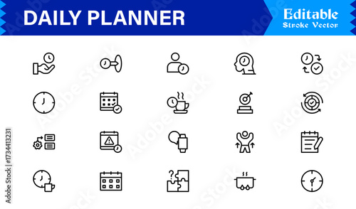 Daily Planner and Productivity Line Icon Set Modern Minimal Outline Symbols for Schedule, Task, and Time Management