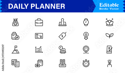 Daily Planner and Productivity Line Icon Set Modern Minimal Outline Symbols for Schedule, Task, and Time Management