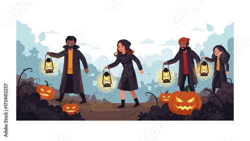 Halloween Lantern Walk: A diverse group, each carrying a lantern, embarks on a captivating Halloween stroll through an illuminated landscape filled with carved pumpkins.