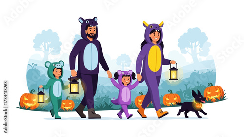 Halloween Family's Spooktacular Stroll: A family dressed in adorable costumes enjoys a Halloween trick-or-treating, walking along a vibrant path, filled with festive decorations and joyful moments.
