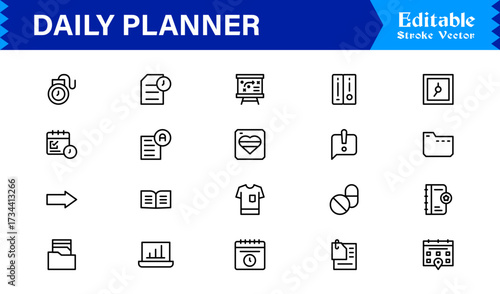Daily Planner and Productivity Line Icon Set Modern Minimal Outline Symbols for Schedule, Task, and Time Management