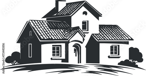 A black and white illustration of a charming house with a garden and trees..