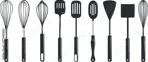A collection of black silhouette kitchen utensils including whisk spatula and mixing tools..