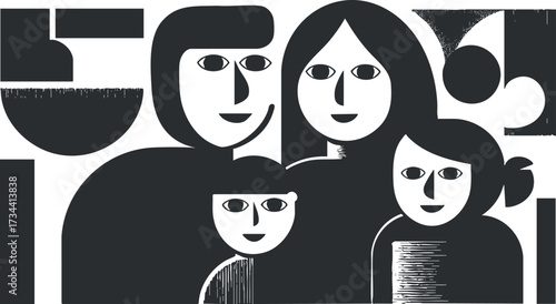 A modern abstract illustration depicting a diverse family unit with expressive faces and shapes..