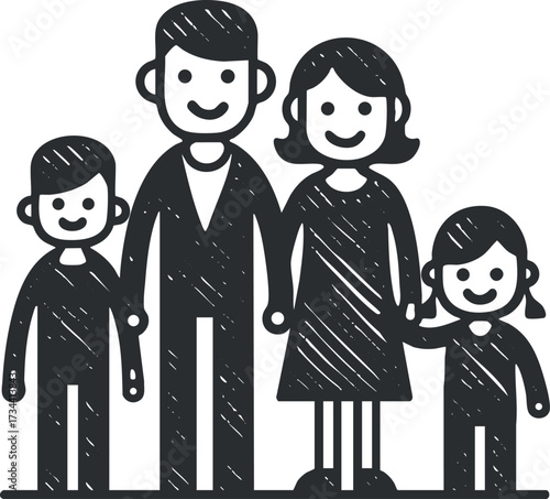 A simple cartoon illustration of a happy family standing together, showcasing unity and love..