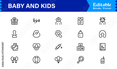 Baby And Kids Parenting Line Icon Set Modern, Minimal, Pixel Perfect, And Editable Outline Symbols For Family Themes