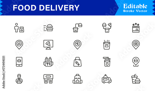 Food Delivery Line Icon Set Modern Minimal Outline Symbols for Online Orders and Takeout