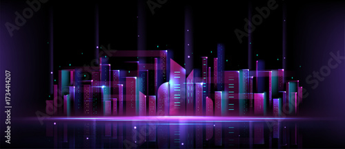 Futuristic neon purple blue cityscape on dark background. Vector illustration of modern high-rise buildings, high tech network lines, digital world skyline, pattern with metaverse skyscrapers
