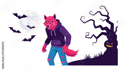Werewolf in the Night: A fearsome werewolf, illuminated by the eerie glow of a full moon, stands amidst a shadowy landscape with bats and a haunted tree, embodying the spirit of Halloween. 