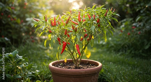 Potted chili plant with red and green peppers growing in a garden setting with sunlight