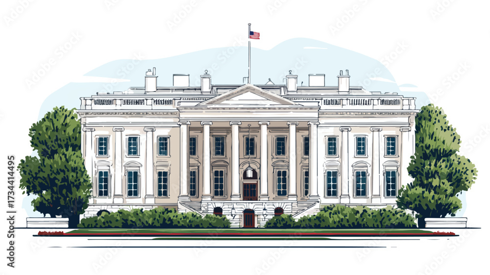 Naklejka premium Grand Entrance of White House: Detailed Illustration for Professionals