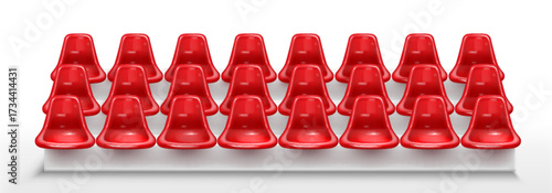 Stadium seat with red plastic chair rows on white platform for sports arena or event venue seating. Multiple molded chairs arranged in tiered configuration. Modern spectator furniture design.