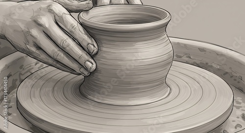 Potter at work shaping clay on a pottery wheel