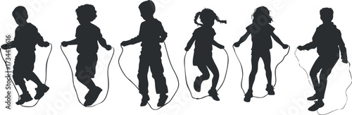 Silhouettes of children joyfully jumping rope in various poses demonstrating active play and fitness..