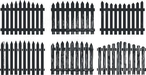Various black wooden fence designs suitable for garden and outdoor decoration..