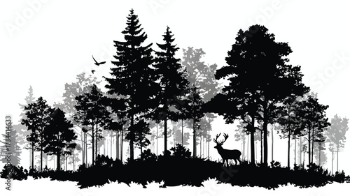 Majestic Forest Trees Silhouettes with Deer Animal
