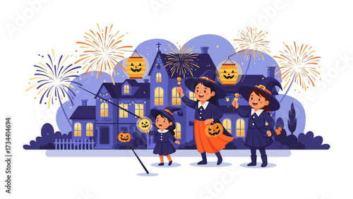 Halloween Night Magic: Three young witches, illuminated by the magic of lanterns and fireworks, create a whimsical and fun halloween night. The enchanting scene embodies childhood enchantment