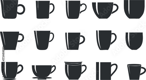 A collection of various cup and mug silhouettes in black on a white background..