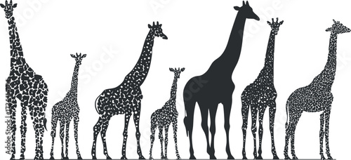 Silhouette illustration of a group of giraffes in various heights and patterns..